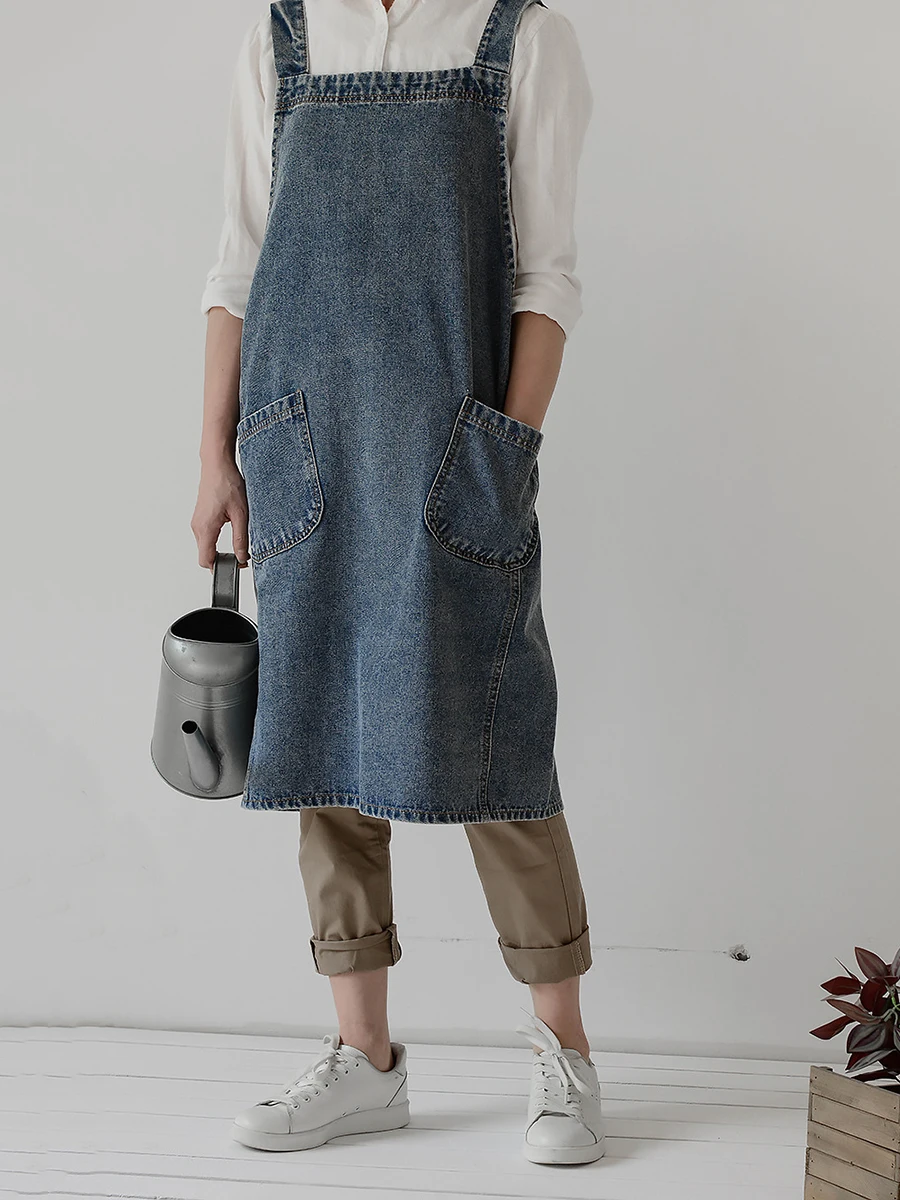 Vestido coreano para mujer, delantal vaquero para mujer, tela de algodón, jardín, cocina, hornear, delantales de cocina, accesorios de limpieza del hogar
