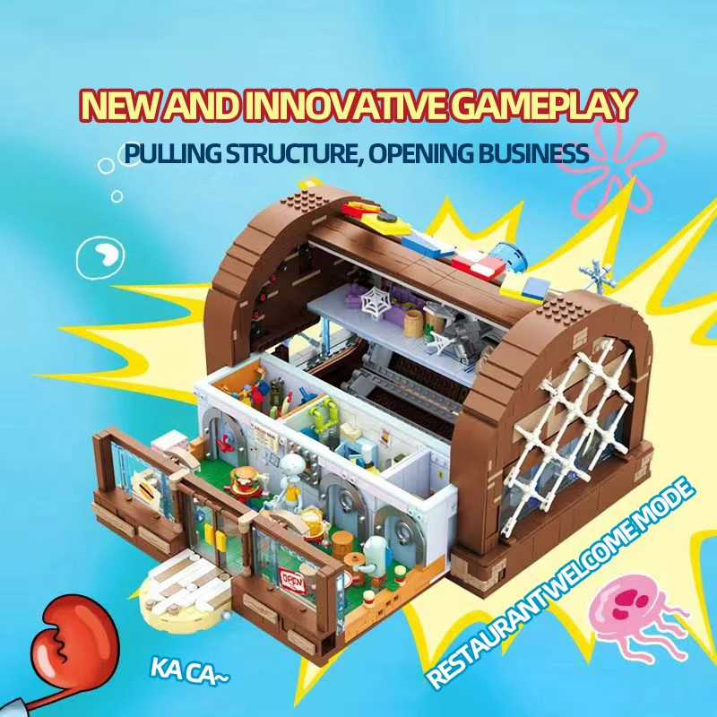 Bloques de construcción de restaurante Krusty Krab de dibujos animados de Bob Esponja, escenas creativas de cantina, modelo de ladrillos, adornos de escritorio, juguete para regalo de chico - imagen 3