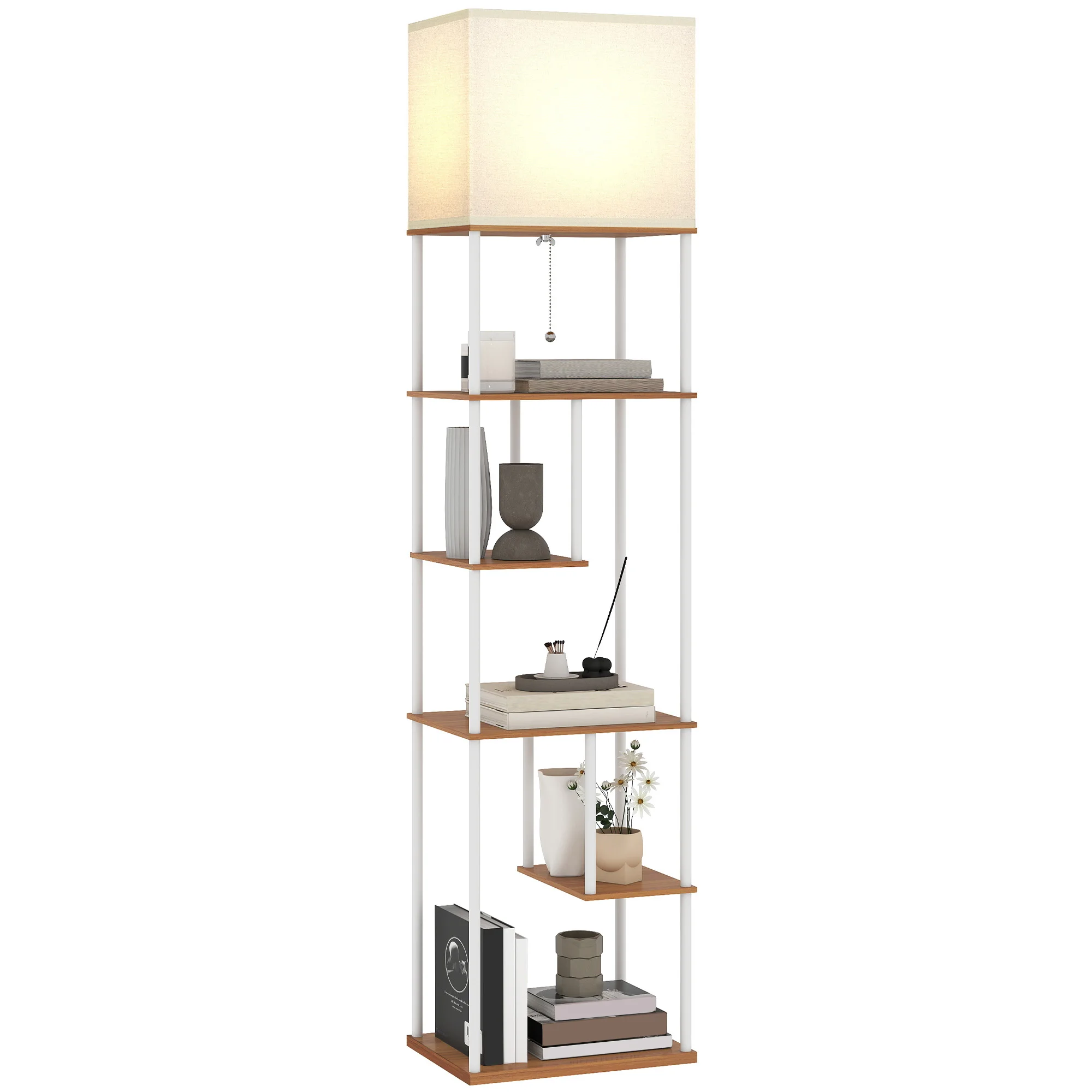 HOMCOM Lámpara de Pie con Estantes, Lámpara Salón con Brillo y Temperaturas de Color Ajustable 3000K-6500K, Control Remoto, Bombilla E27, Temporizador, para Dormitorio, Oficina, Decoración, Natural