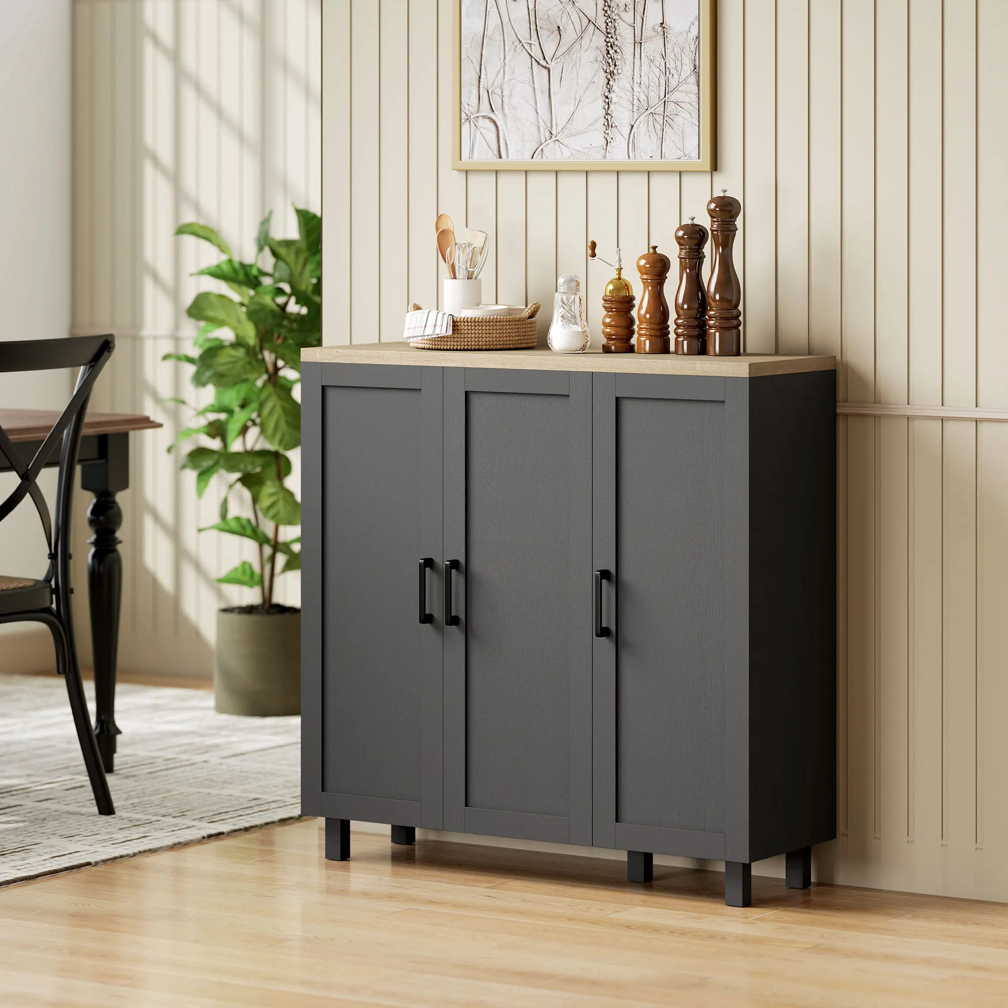 HOMCOM Aparador Estrecho de 3 Puertas, Aparador de Salón con Estantes Ajustables, para Cocina, Entrada, Comedor, Dormitorio, Negro, 90x30x90 cm - imagen 2