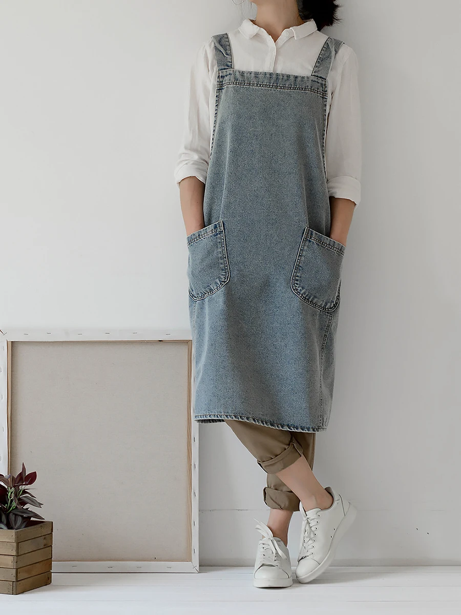 Vestido coreano para mujer, delantal vaquero para mujer, tela de algodón, jardín, cocina, hornear, delantales de cocina, accesorios de limpieza del hogar - imagen 3