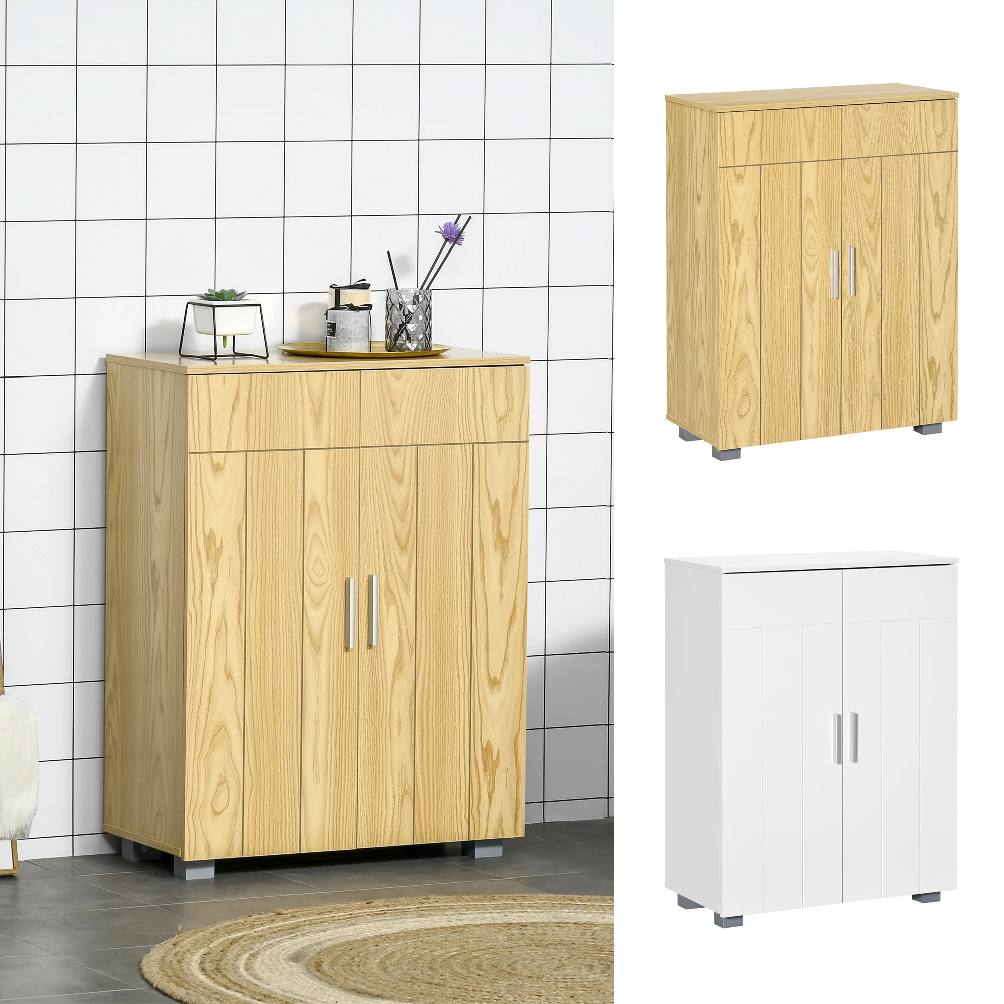 kleankin Armario de Baño con 2 Puertas y 2 Estantes Ajustables de 7 Niveles Mueble Auxiliar de Almacenaje para Salón Cocina Antivuelco 60x30x80 cm Blanco