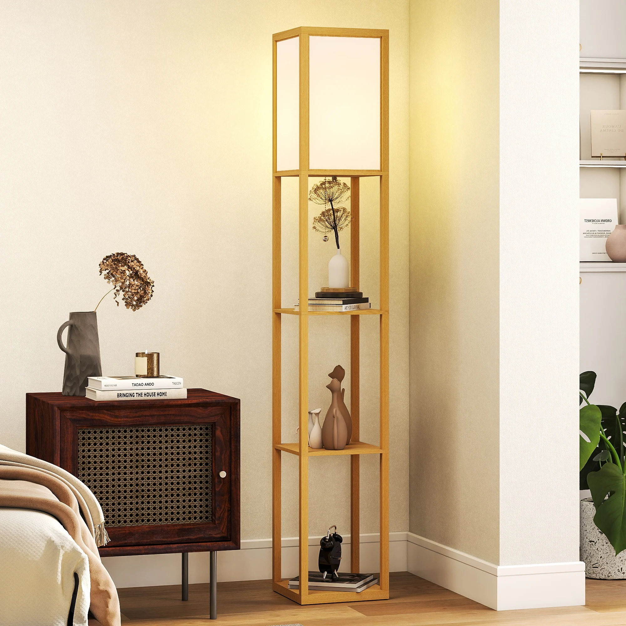 HOMCOM Lámpara de Pie con Estantes de Almacenaje, Lámpara de Madera Moderna, Bombilla E27, para Salón, Dormitorio, Oficina, Natural - imagen 2