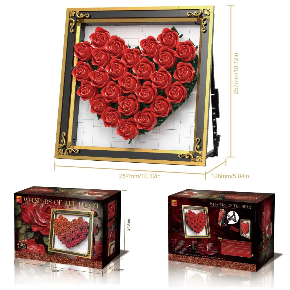 Bloques de construcción de rosas en forma de corazón, marco de fotos, modelo de rosa, adorno de escritorio, juguete para niños, regalo de vacaciones romántico, 1871 Uds. - imagen 5