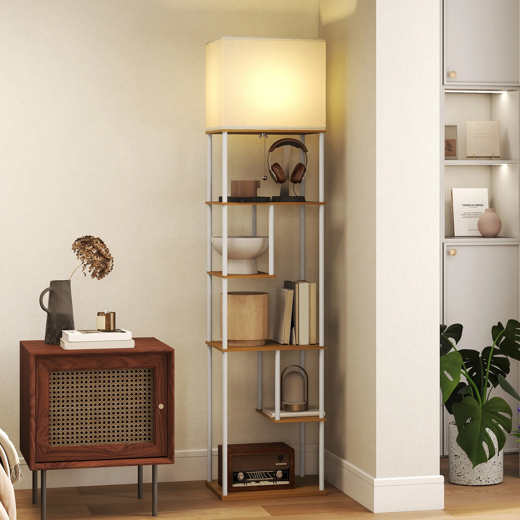 HOMCOM Lámpara de Pie con Estantes, Lámpara Salón con Brillo y Temperaturas de Color Ajustable 3000K-6500K, Control Remoto, Bombilla E27, Temporizador, para Dormitorio, Oficina, Decoración, Natural - imagen 2