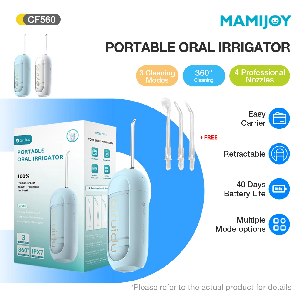 MAMIJOY irrigador Oral Dental agua Flosser portátil 3 modos IPX7 impermeable USB recargable 1300mAh limpiador de dientes 150ML CF560