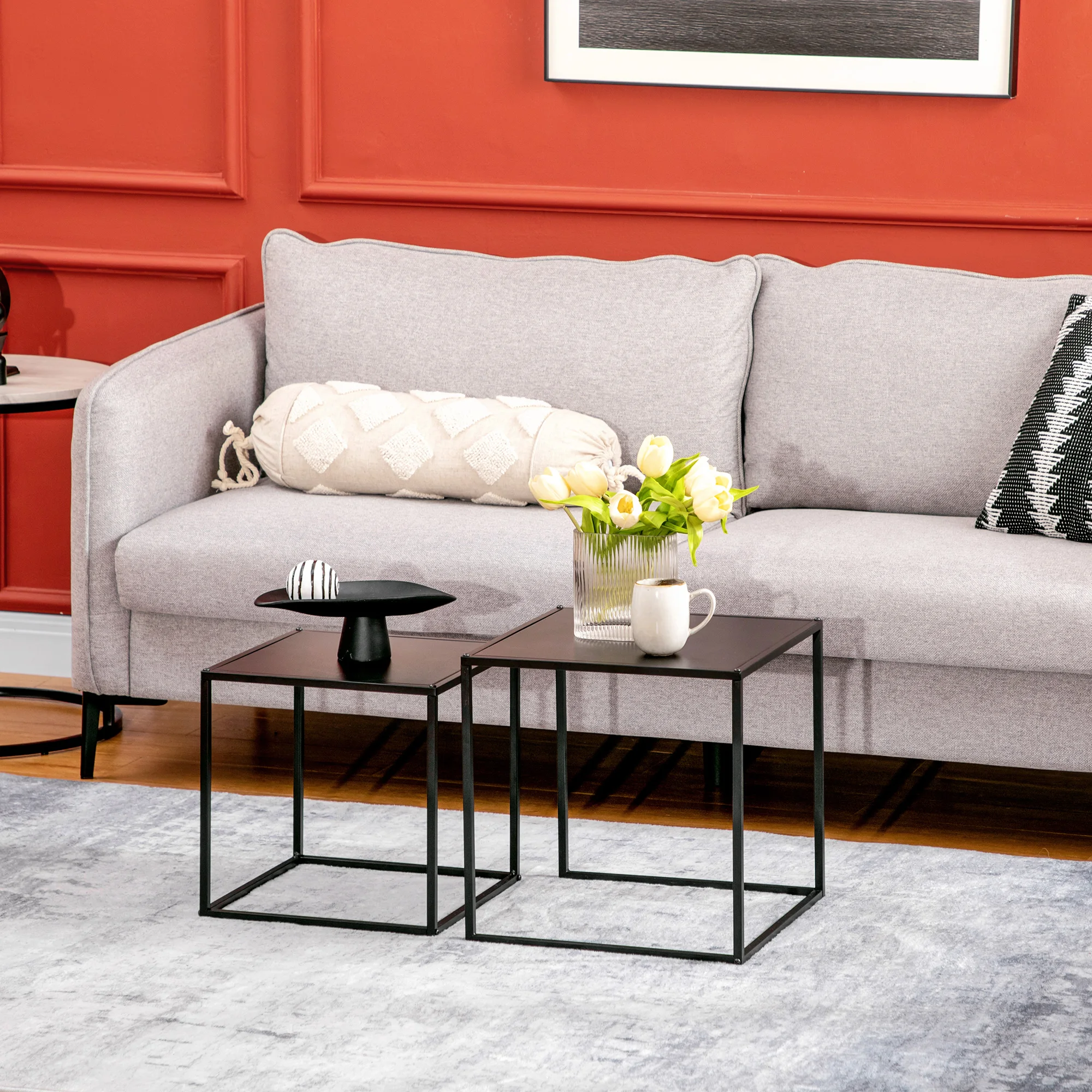 HOMCOM Juego de 2 Mesas Nido, Mesas de Centro para Salón Cuadradas, Material de Acero, para Dormitorio y Oficina, Grande 40 cm, Pequeña 35 cm, Negro - imagen 2