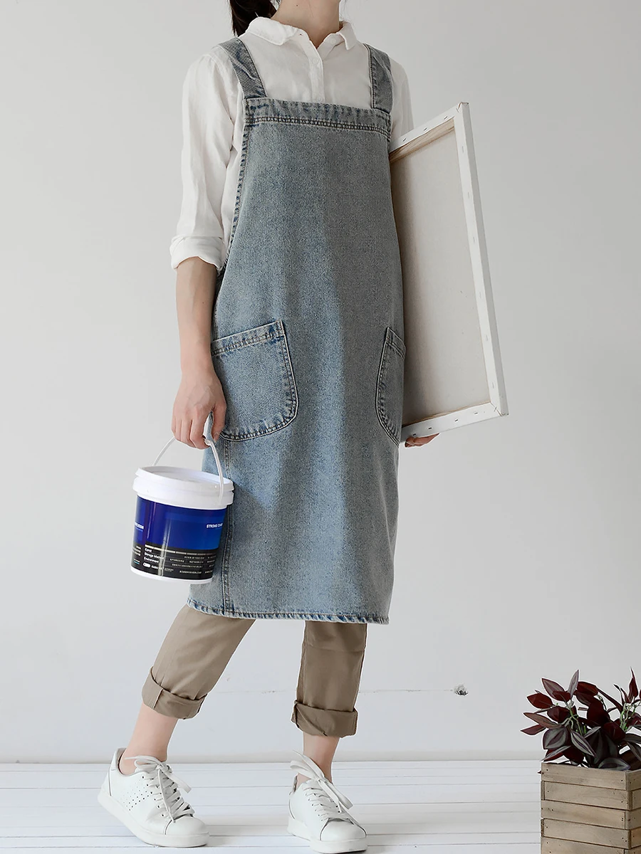 Vestido coreano para mujer, delantal vaquero para mujer, tela de algodón, jardín, cocina, hornear, delantales de cocina, accesorios de limpieza del hogar - imagen 4
