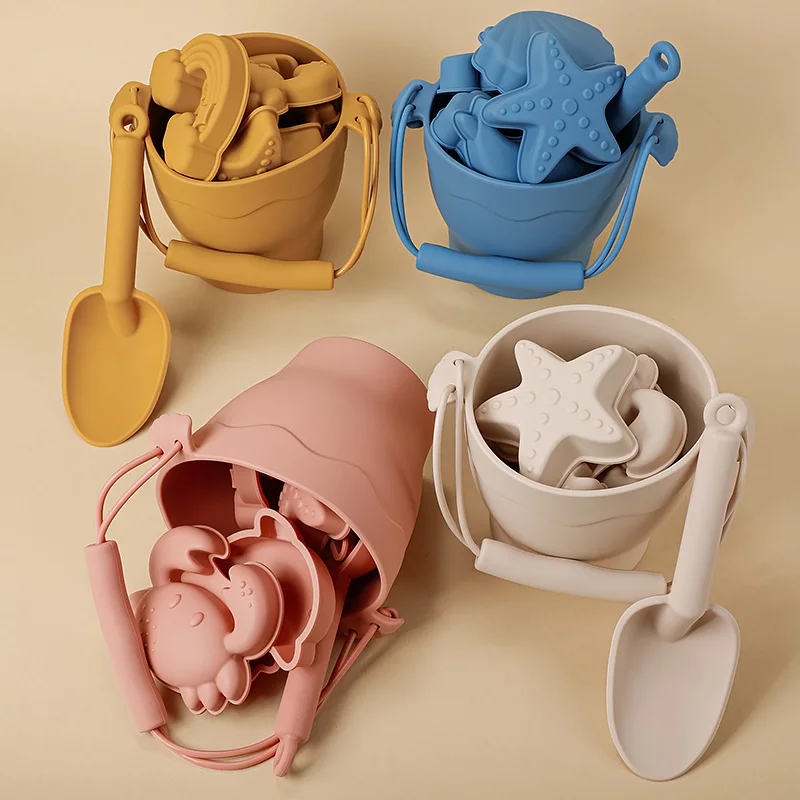 Juguetes de playa sin BPA para niños, 8 piezas de silicona de grado alimenticio, divertidos juguetes de verano para exteriores con cubo, juego de arena de 4 colores