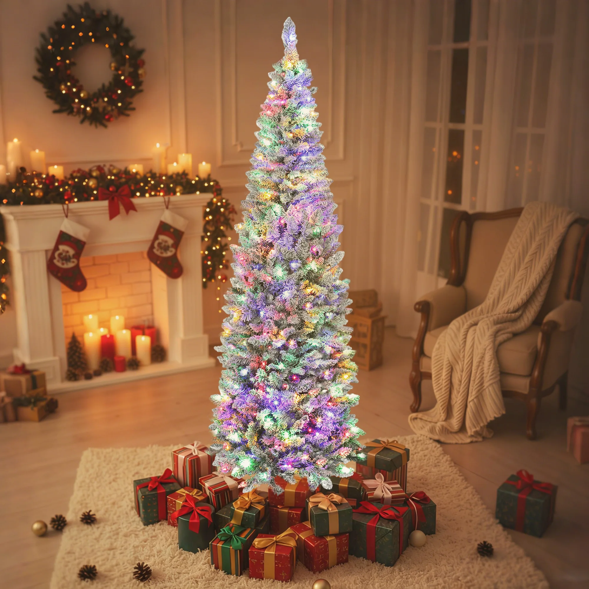 HOMCOM Árbol de Navidad Estrecho, Árbol de Navidad Nevado con Luces LED Bicolores, 11 Modos de Iluminación, Soporte Metálico, Fácil de Montar, Verde - imagen 2