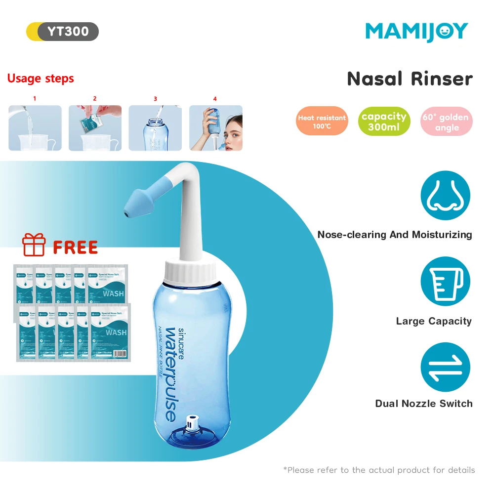 MAMIJOY-Kit de irrigador Nasal de 300ML, 10 paquetes, botella salina y lavado, tratamiento de rinitis alérgica de doble uso para nariz y oreja para adultos y niños