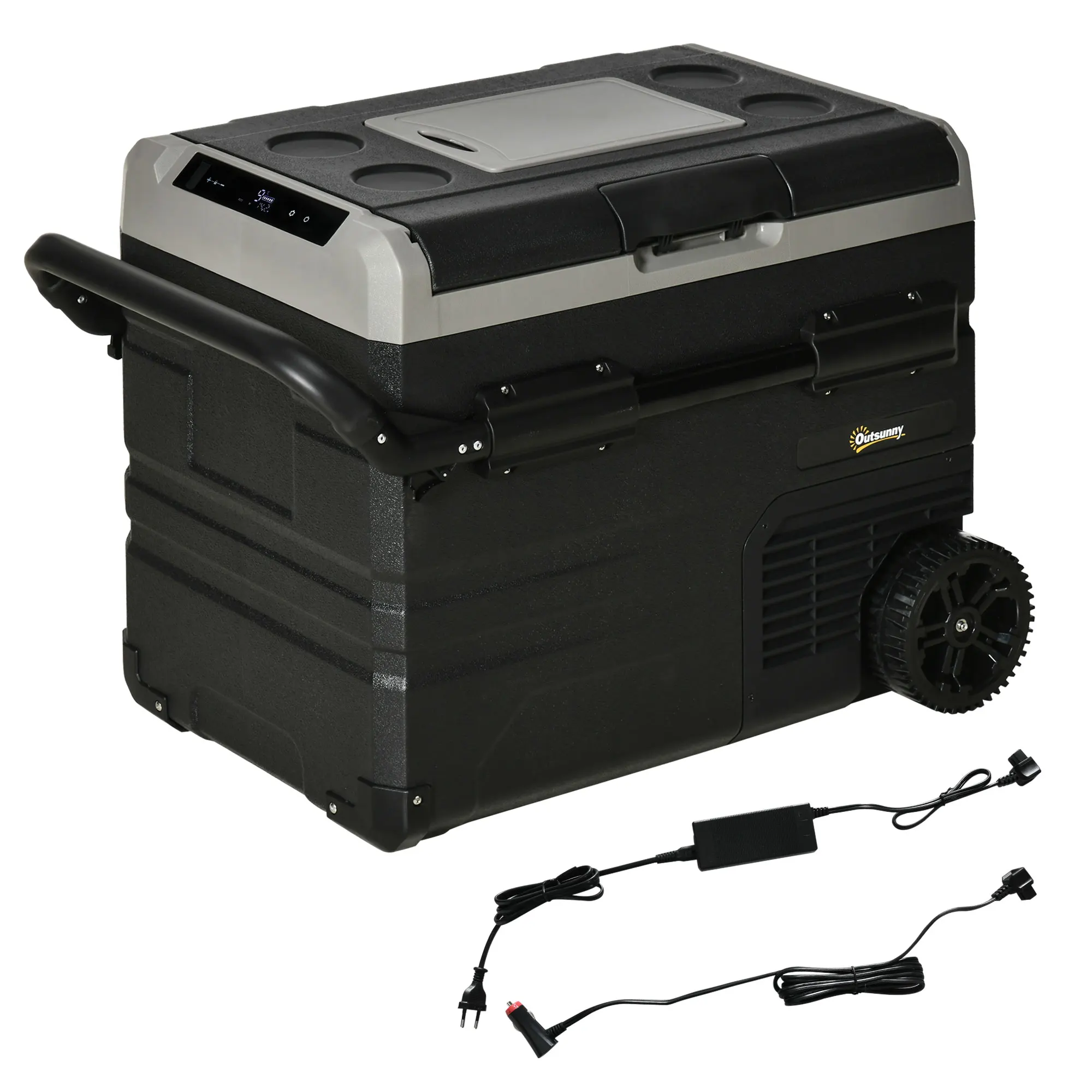 Outsunny Nevera Portátil 60L Refrigerador de Coche hasta -20℃ con Pantalla LED Táctil Asa Retráctil y Ruedas 71,1x46x57,1cm