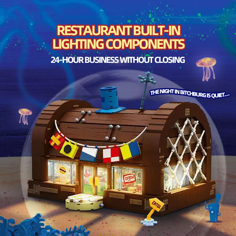 Bloques de construcción de restaurante Krusty Krab de dibujos animados de Bob Esponja, escenas creativas de cantina, modelo de ladrillos, adornos de escritorio, juguete para regalo de chico - imagen 5