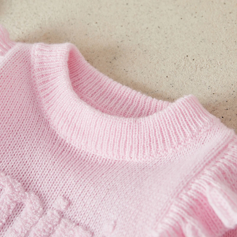 Suefunskry, suéter de punto para niña recién nacida, pelele con volantes, manga larga, cuello redondo, Bordado de letras, mameluco de Color sólido - imagen 4