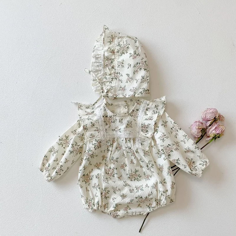 Pelele con volantes de encaje coreano para bebé, conjunto de gorro, mono de manga larga Floral Vintage para niño pequeño, ropa dulce para niña, 2 piezas - imagen 4