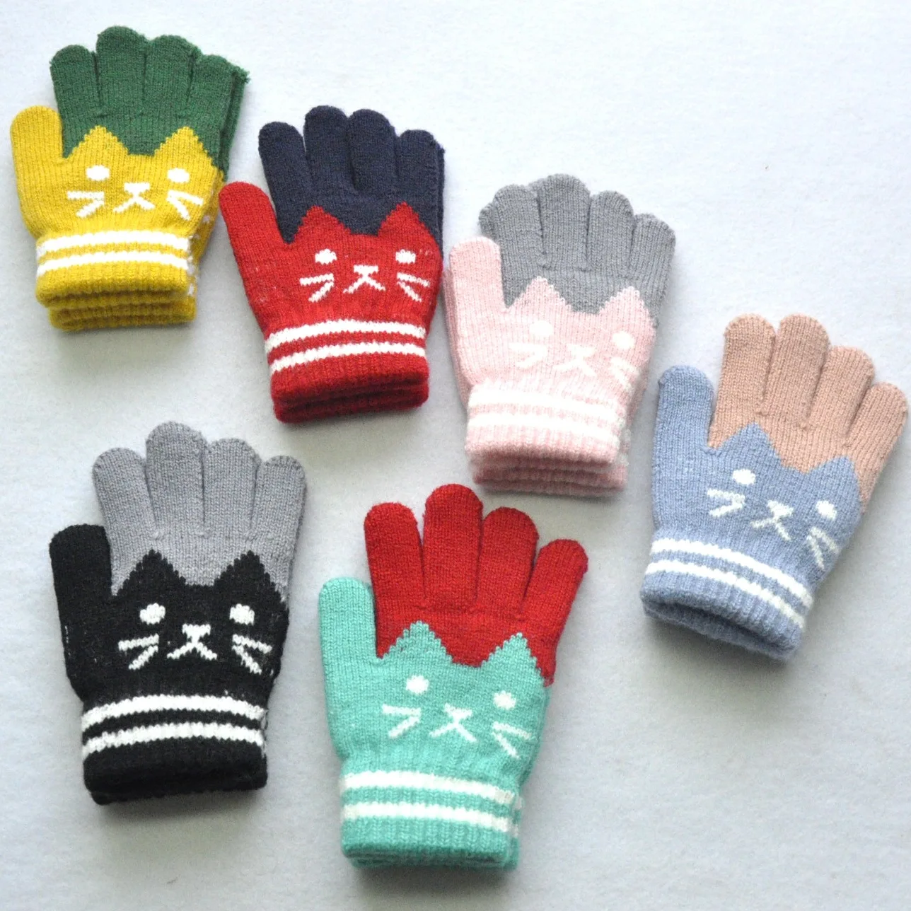 KF194 Guantes de lana de terciopelo niños 6-11 - Manoplas con gatos