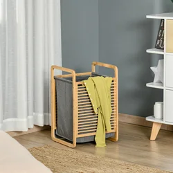 HOMCOM Cesto para Ropa Sucia de Bambú Portátil con Tapa y Bolsa Extraíble Mueble de Baño Dormitorio 40x35,5x60,5 cm Natural Gris