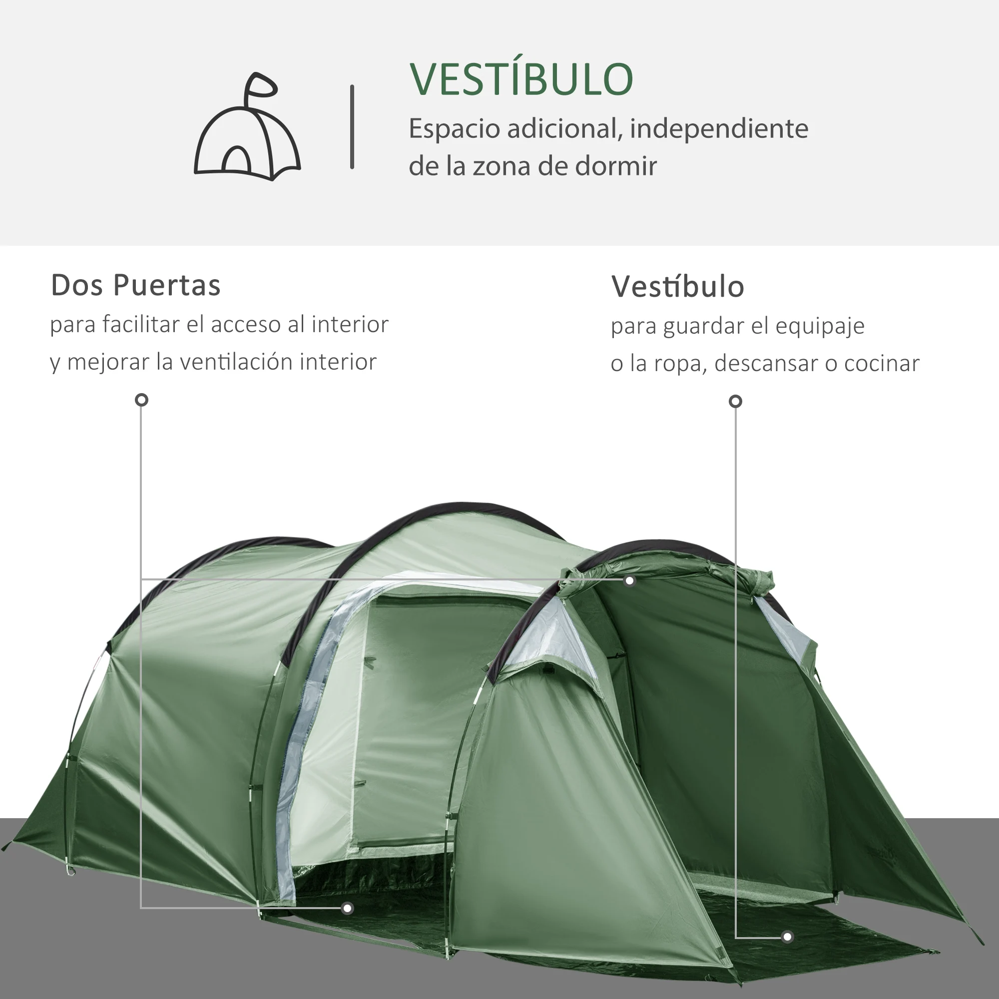Outsunny Tienda de Campaña 3-4 Personas Plegable Impermeable a Prueba de UV 20+ con Vestíbulo para Camping 426x206x154 cm - imagen 4