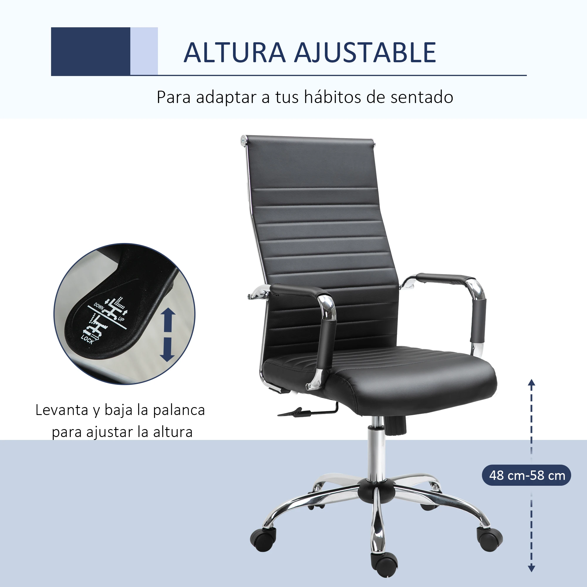 Vinsetto Silla de Oficina Ergonómica Silla de Escritorio Basculante con Altura Ajustable y Ruedas 54x62x104-114cm Negro - imagen 3