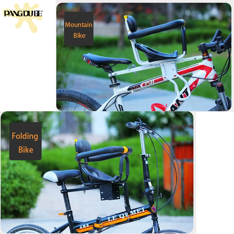 PANGDUBE Asiento delantero universal para bicicleta para niños Portabicicletas ajustable para bebé con cinturón de seguridad Asiento plegable para niños para montaña - imagen 5