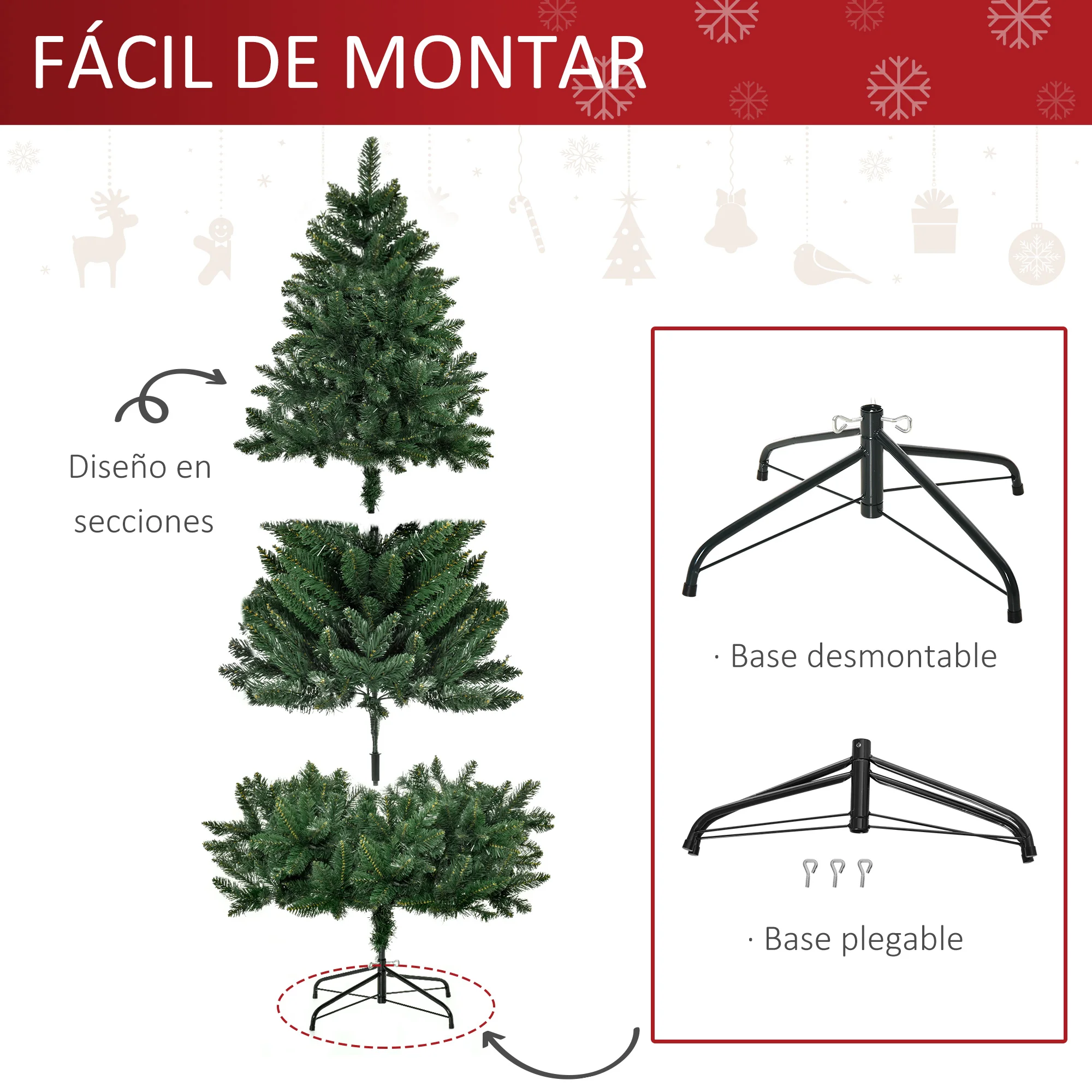 HOMCOM Árbol de Navidad Artificial 180 cm Ignífugo con 724 Ramas con 2 Tipos de Puntas de PVC y Soporte de Acero Interior Verde - imagen 3