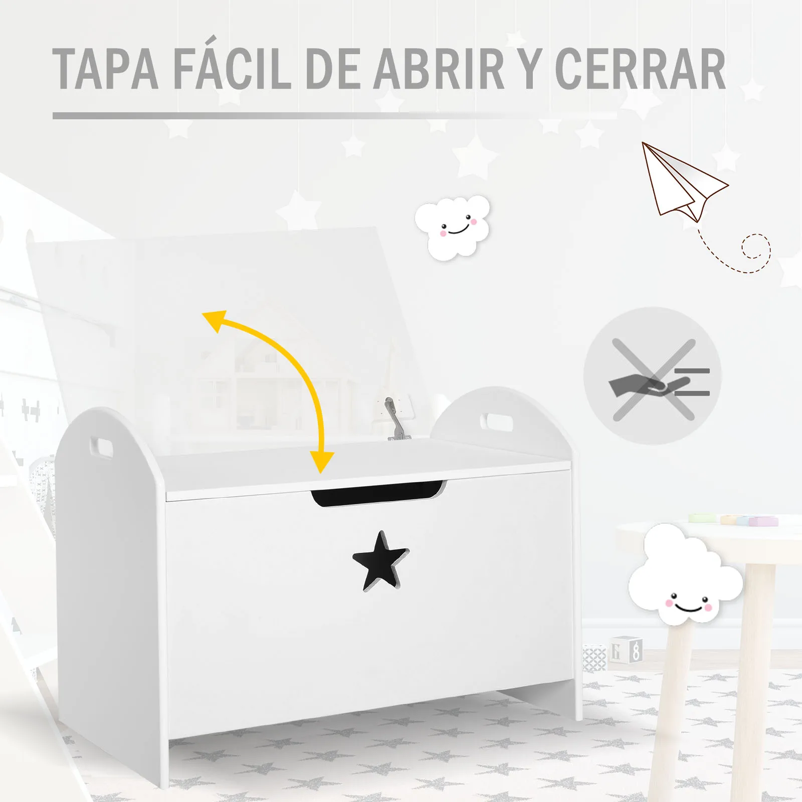 HOMCOM Baúl de Almacenaje Organizador de Juguete de Niño Tapa Reversible Diseño con Seguridad Carga 20 kg 62x40x46,5 cm Blanco - imagen 4