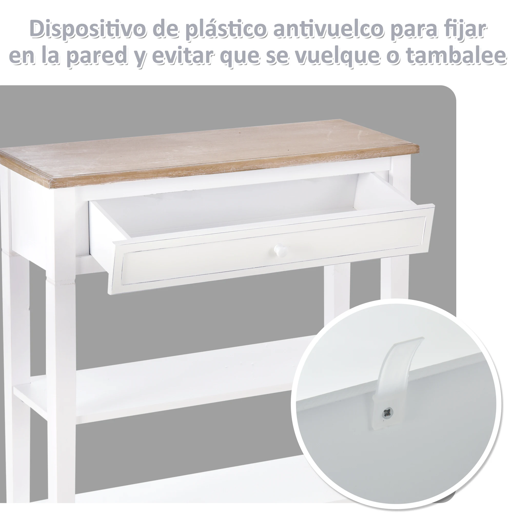 HOMCOM Mesa de Consola y Auxiliar para Sala Pasillo Comedor con Estantes y Cajón Extraíble Retro Pino Madera Natural Blanco - imagen 5