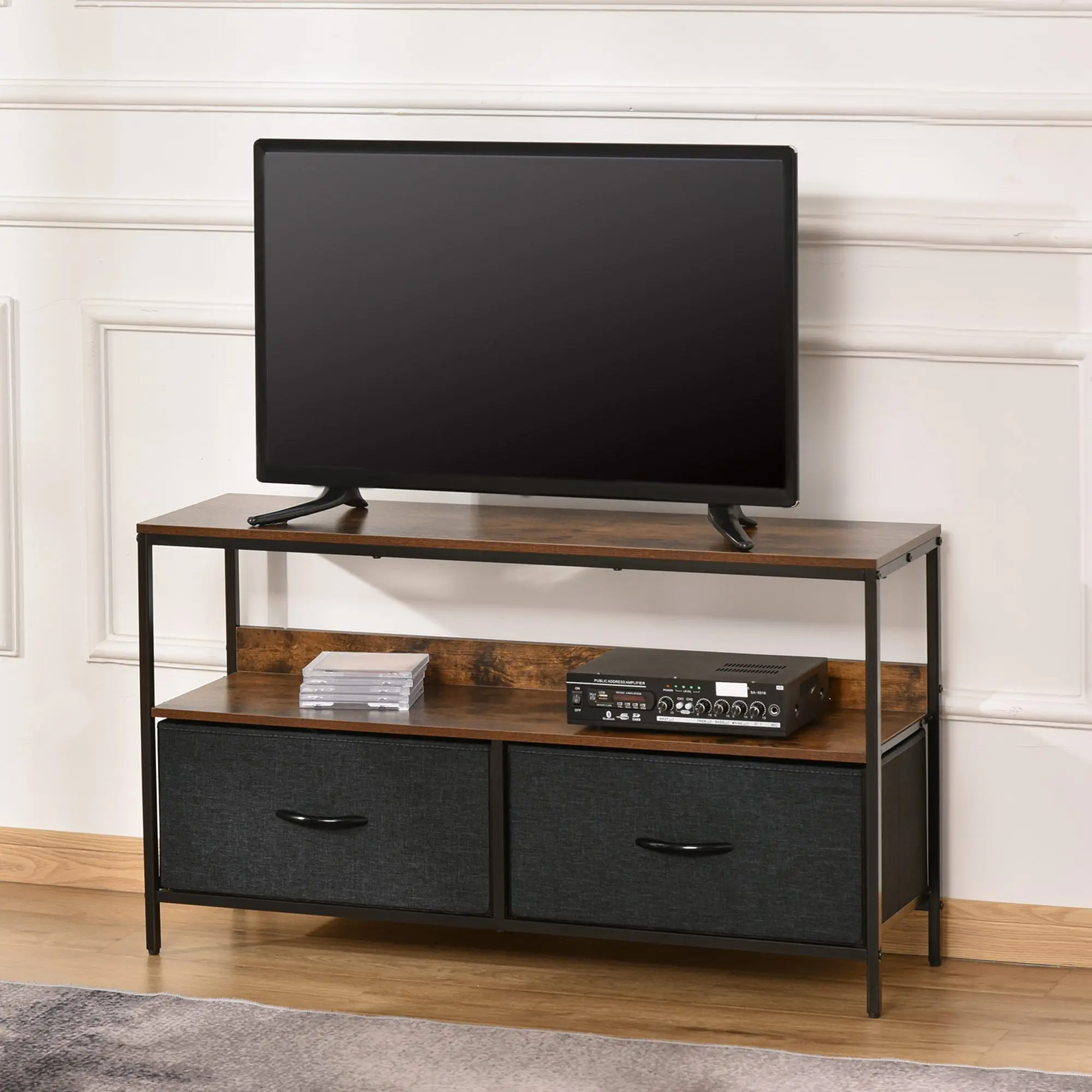 Homcom Tv Cabinet up to 47"" Industrial Style with Shelf and 2 Folding Fabric Drawers for Living Room Bedroom 98X29X56 cm - imagen 2