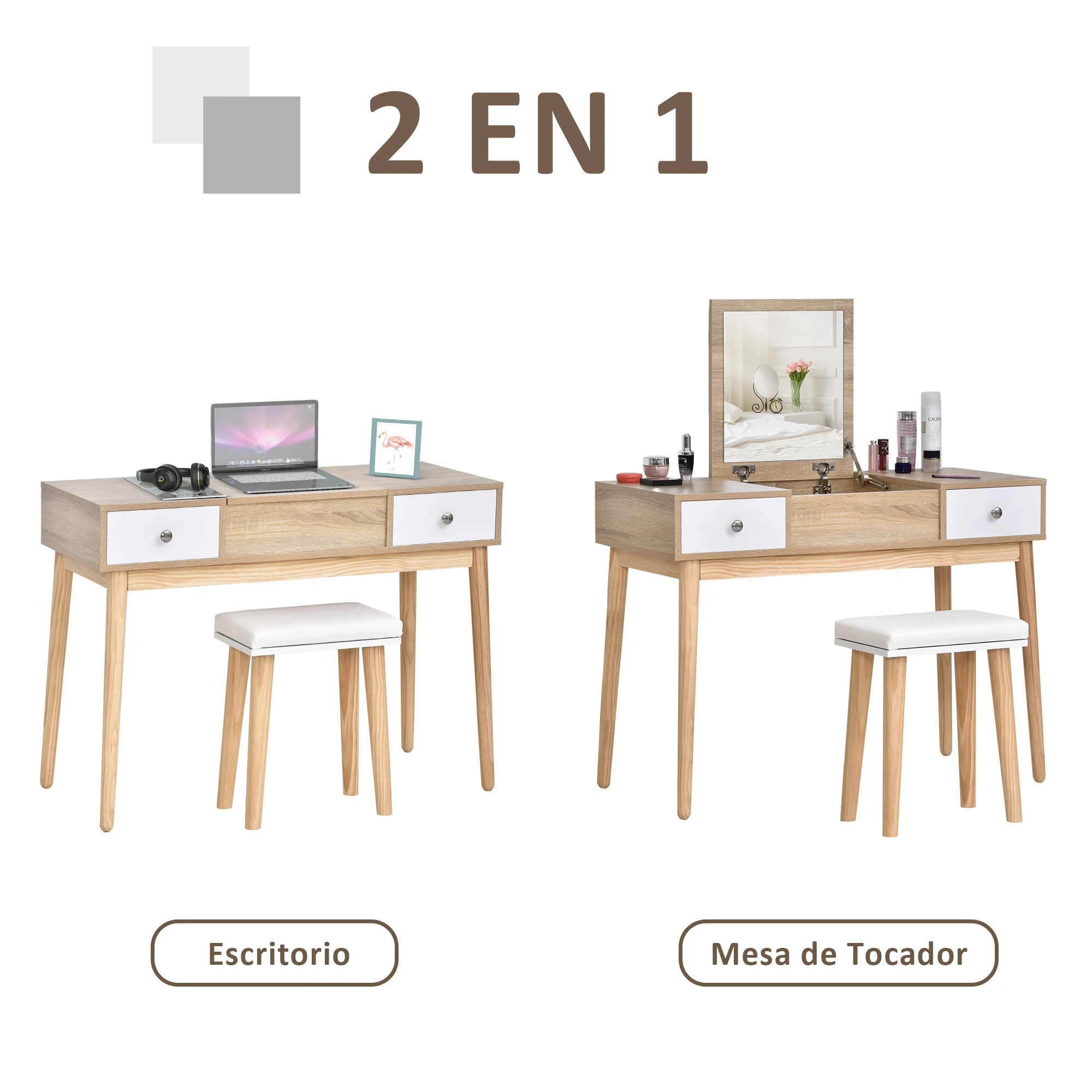 HOMCOM Tocador con Espejo Abatible Mesa de Maquillaje con Taburete Acolchado Cojín Suave Compartimentos Color Natural - imagen 4