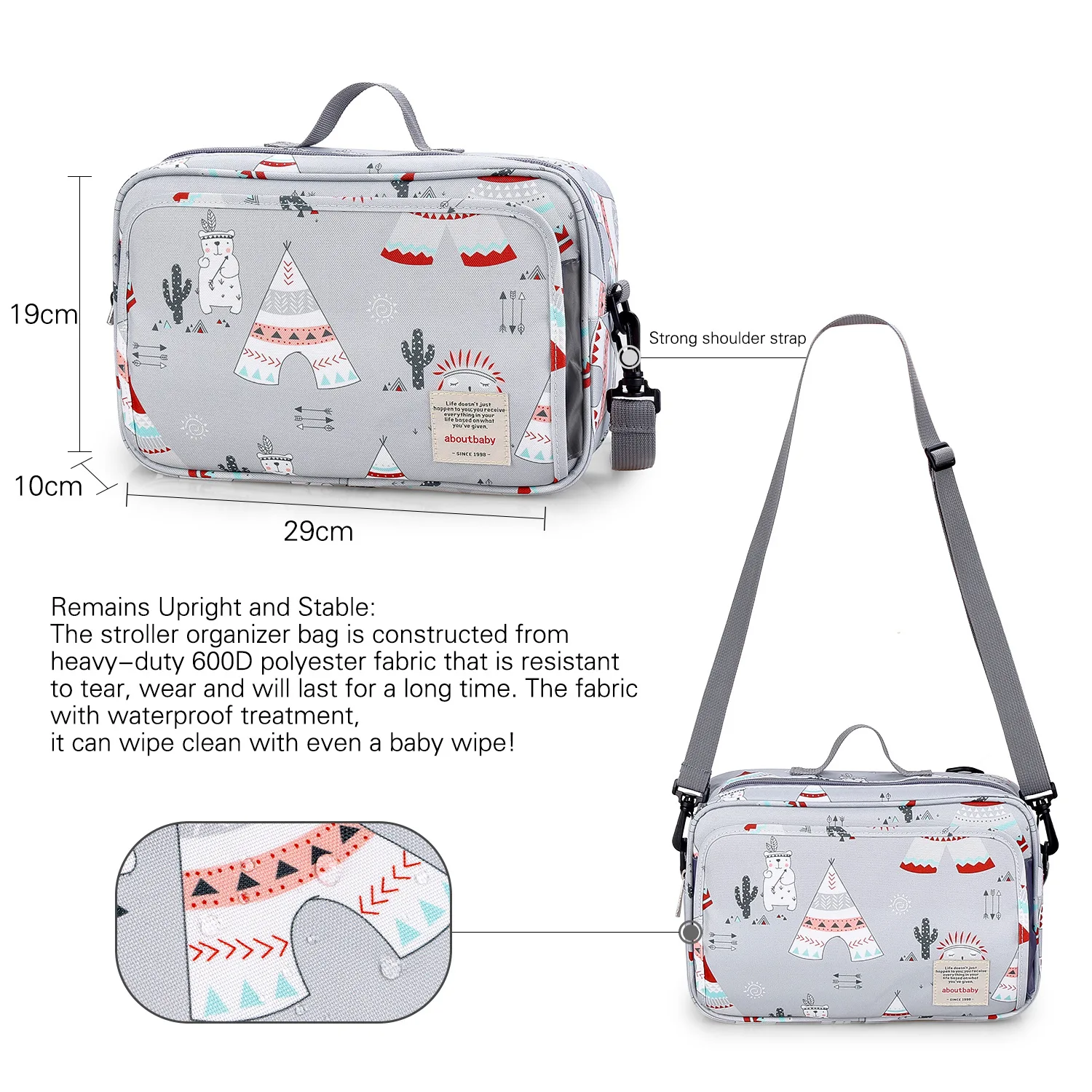 Un bolso organizador para cochecito. Está diseñado para acoplarse a un cochecito y cuenta con múltiples compartimentos para almacenamiento.