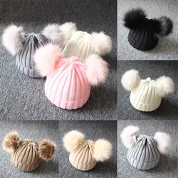 Gorro de punto de lana para niños, gorros para recién nacidos, gorro con dos pompones dobles, gorro para niños y niñas de 1 a 3 años, Invierno