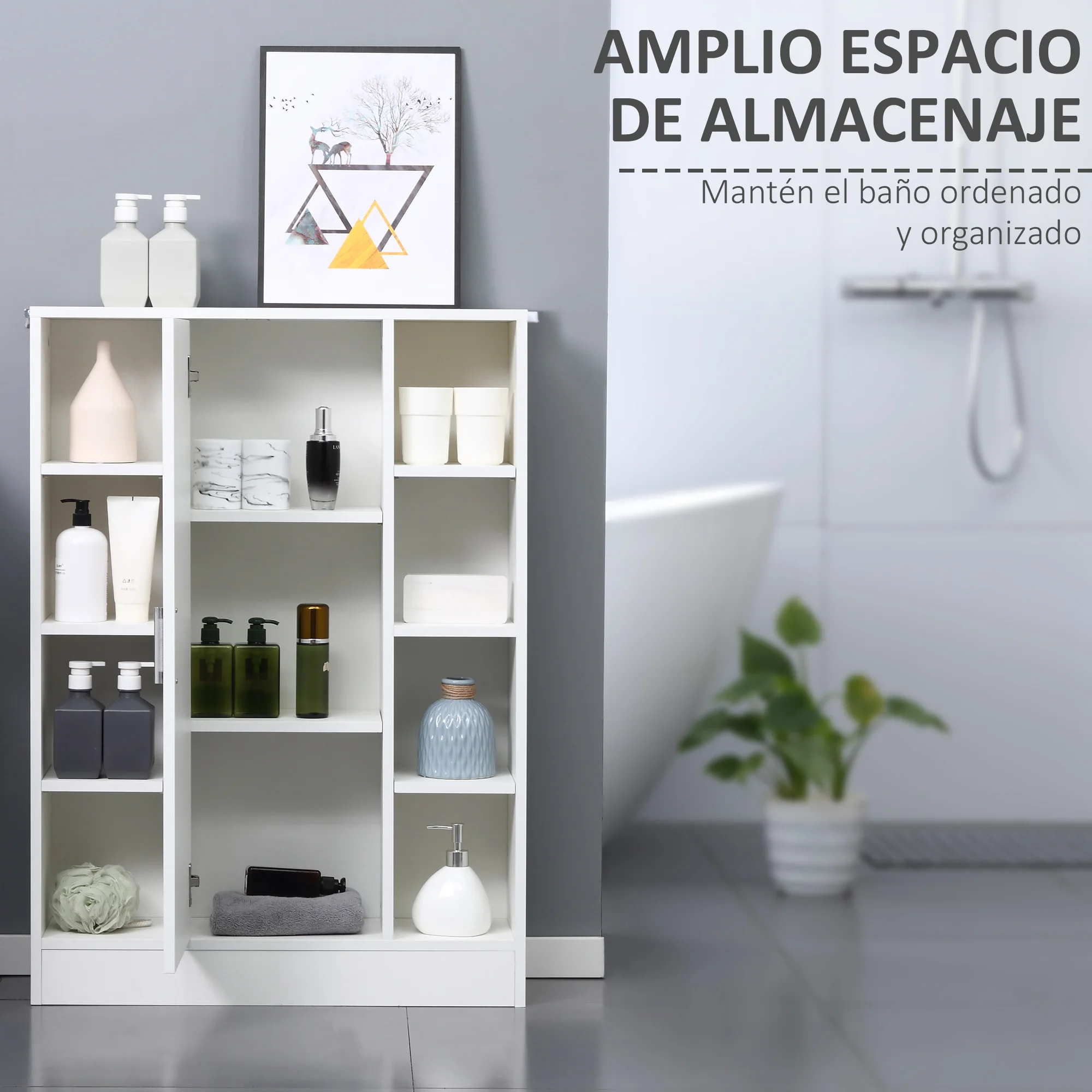 kleankin Armario de Suelo para Baño de Madera con 8 Compartimentos Abiertos y 1 Puerta con Estantes Ajustables Mueble Auxiliar Multiusos para Cocina Salón 71x22x100 cm Blanco - imagen 3