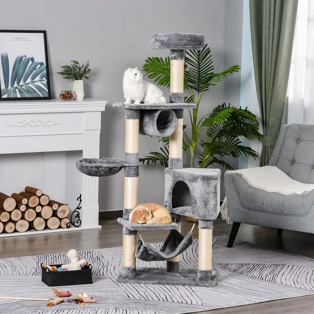 PawHut Árbol Rascador para Gatos 154 cm de Altura Escalador con Plataformas Túnel Hamaca y Postes de Rascado de Sisal, Gris - imagen 2
