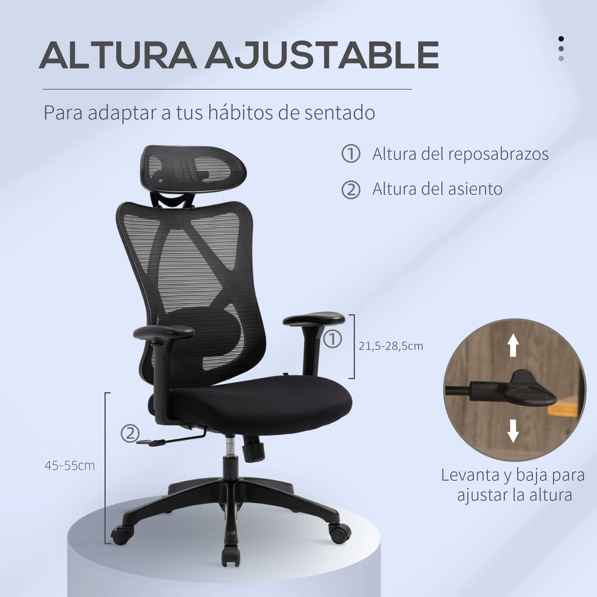 Vinsetto Silla de Oficina Giratoria con Reposabrazos 2D Silla Regulable en Altura Reposacabezas Soporte Lumbar 67x64x127cm Negro - imagen 3