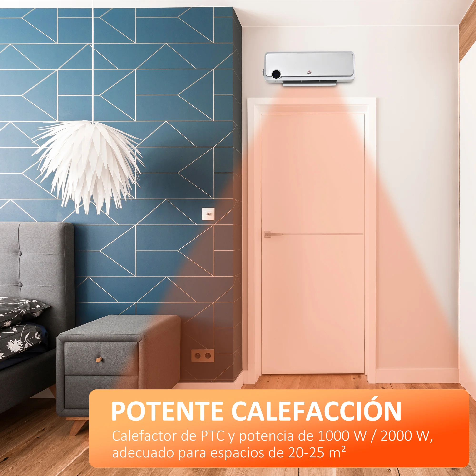 HOMCOM Calefactor Cerámico de Pared 1000W/2000W con Mando a Distancia Pantalla LED Temporizador de 12H Termostato y Protección contra Sobrecalentamiento 56x18,5x11,7 cm Blanco - imagen 5