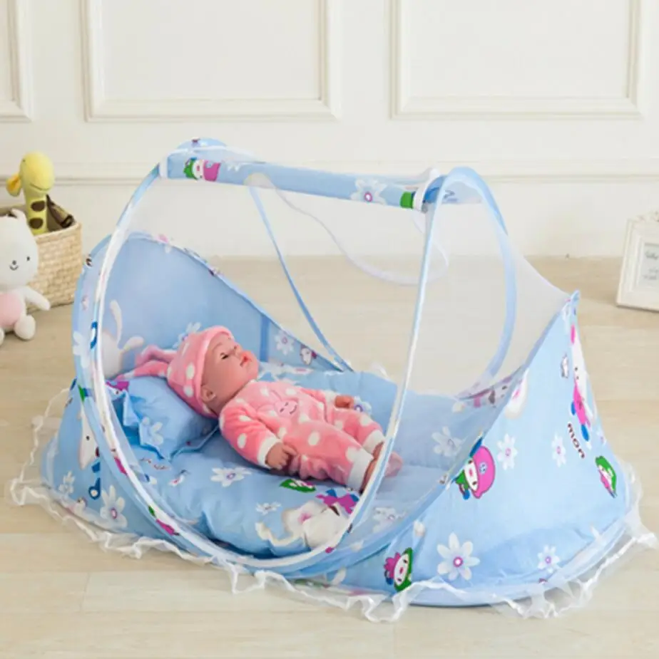 Mosquiteros portátiles para bebé al aire libre, colchón de cama y almohada, 3 unidades/juego, ropa de cama transpirable para bebé, cuna, cama azul, tienda de campaña, red para dormir - imagen 4