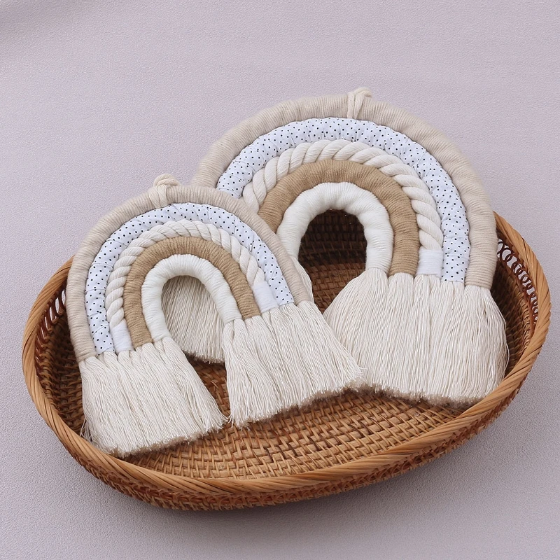 OOTDTY-tapiz de macramé de arco iris hecho a mano para decoración del hogar, cuerda de algodón, juguetes de tejido nórdico para colgar en la pared, decoración para habitación de bebé y niños - imagen 3