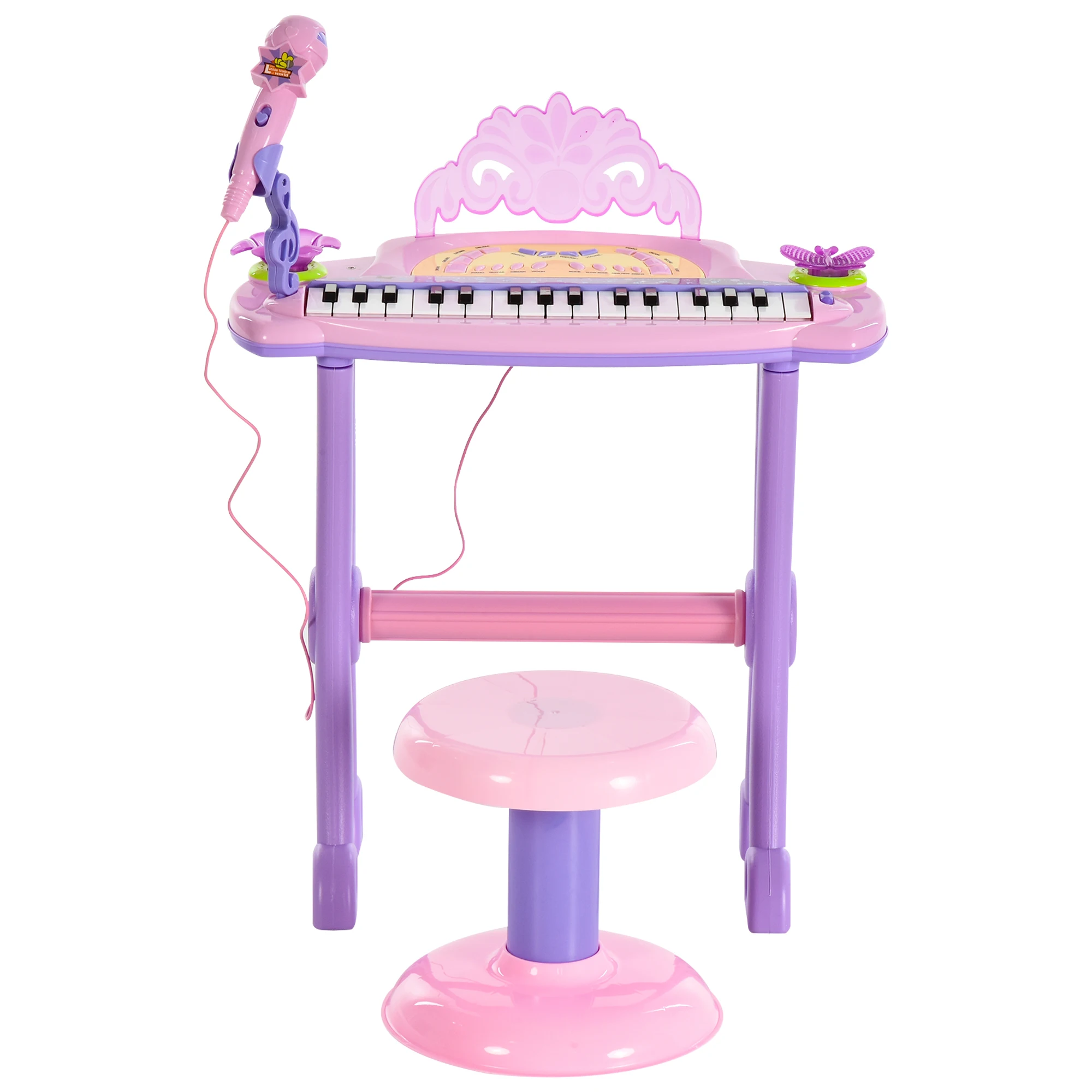 HOMCOM Teclado Electrónico Infantil 32 Teclas Juguete Musical con Micrófono Taburete Luces Variedad Sonidos Rítmos MP3 Rosa - imagen 3