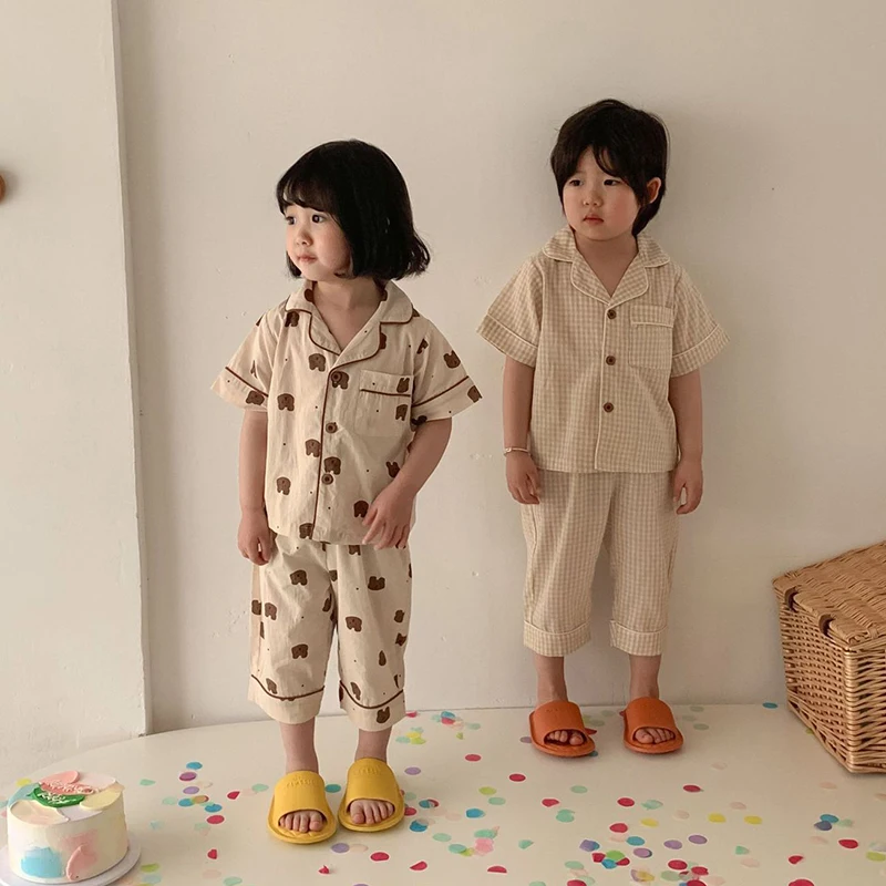 Pijamas de verano para niños y niñas, traje con estampado coreano, ropa de dormir informal de algodón - imagen 2