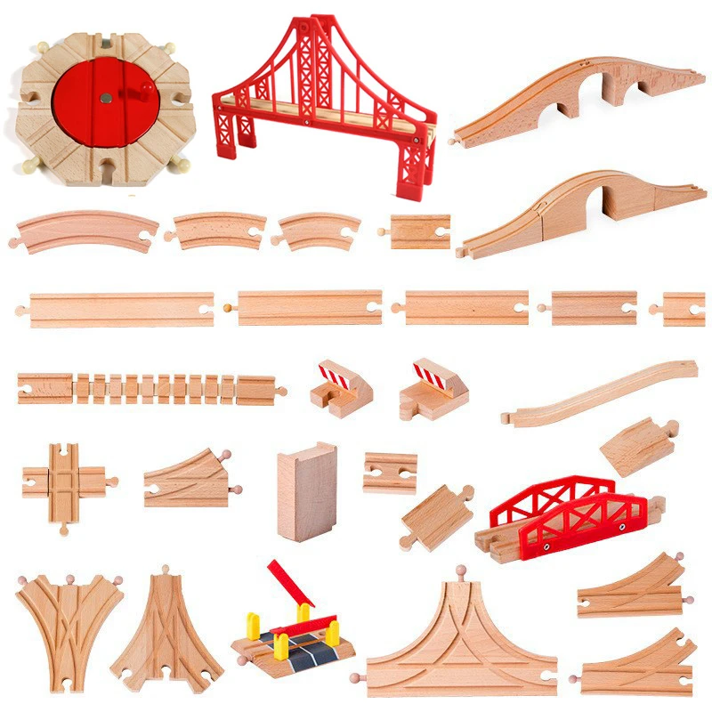 Piezas pista madera haya niños - Vista principal conjunto accesorios tren