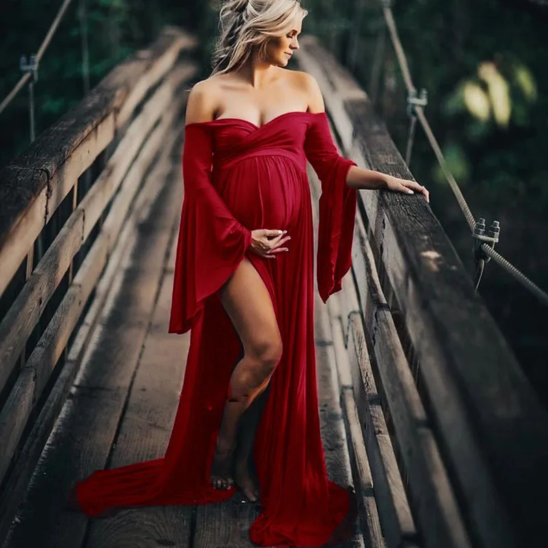 Vestidos de maternidad de algodón para sesión de fotos, sexys, sin hombros, con volantes para embarazadas, maxivestido largo de embarazo con manga abombada - imagen 3