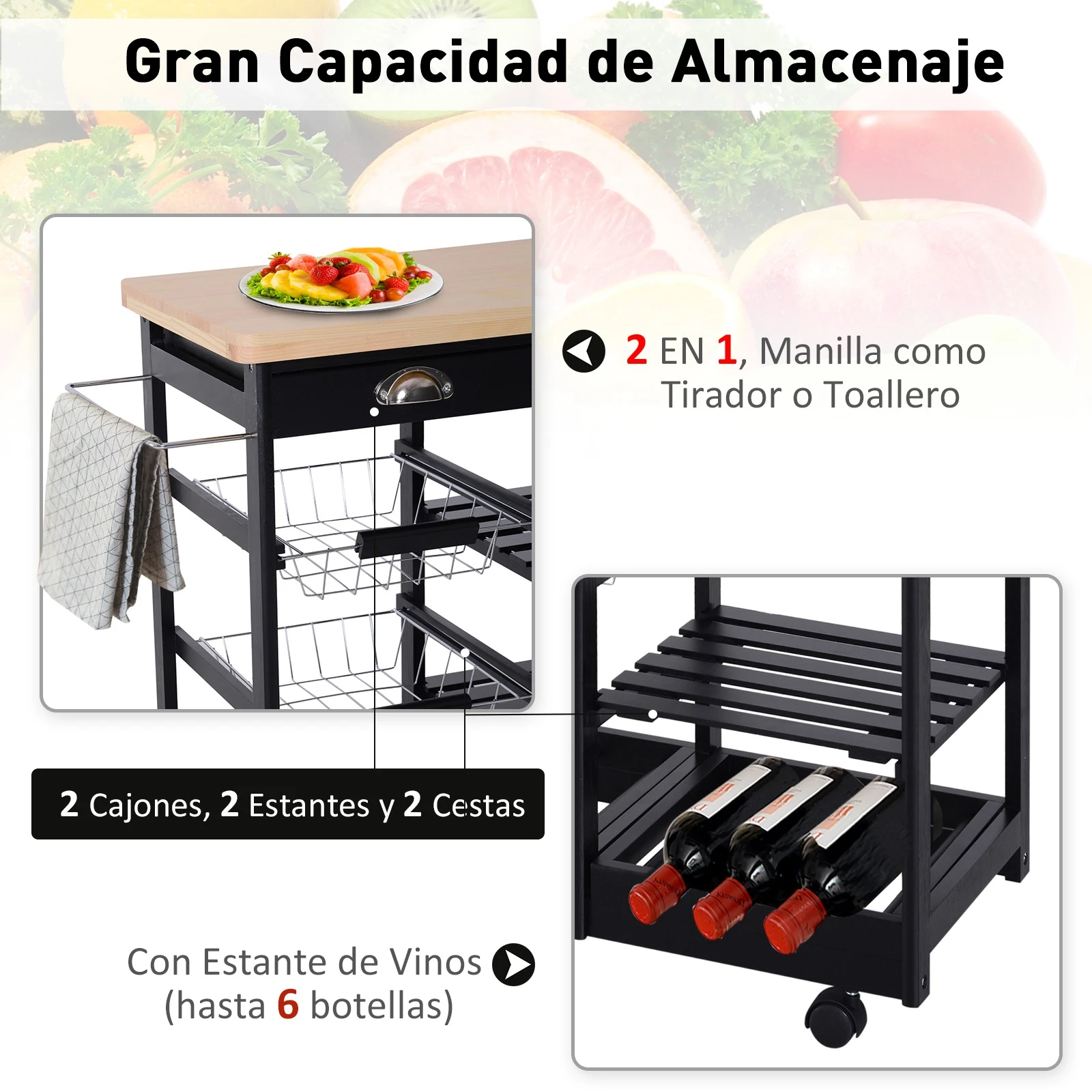 HOMCOM Carro de Cocina Carrito de Servir Multiusos Estanteria Carrito Auxiliar con Ruedas Estante Cajon Armario 74x37x76cm - imagen 3