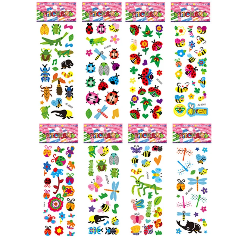 8 hojas/juego de pegatinas de dibujos animados de insecto, abeja, mariquita, bonitas pegatinas 3D de burbujas de PVC para álbum de recortes para niños, juguetes cognitivos para niños y niñas