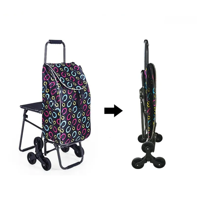 Carro de compras para subir escaleras con bolsa impermeable y silla, carrito para el hogar con asiento, carrito de compras con estructura de acero, carrito con varilla de tracción - imagen 3