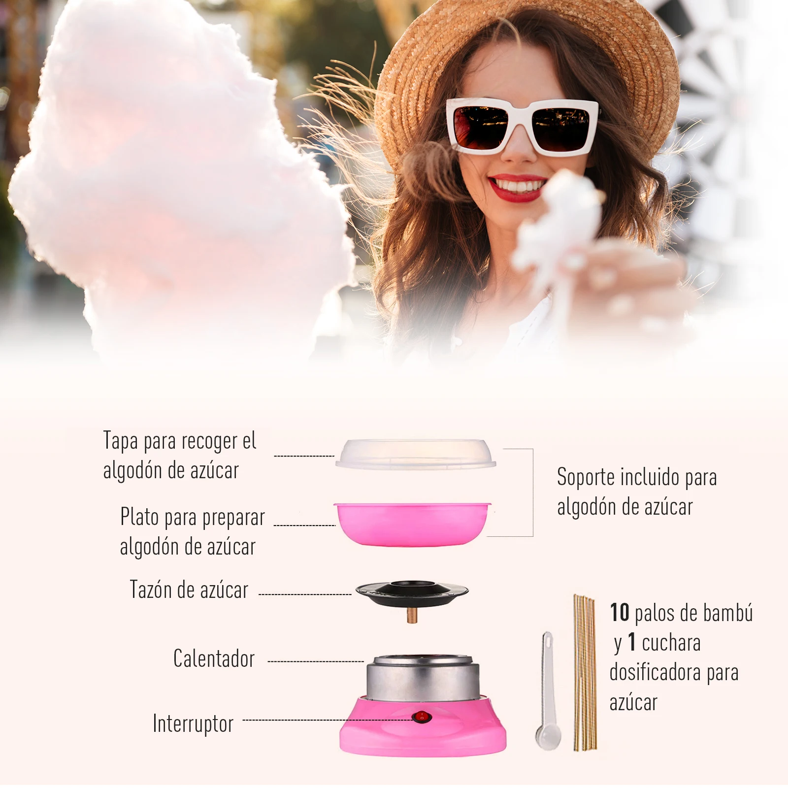 HOMCOM Maquina Profesional para Nubes de Algodon de Azucar Acero Inox. y Aluminio 450W 27x26x18cm (Rosa) - imagen 4