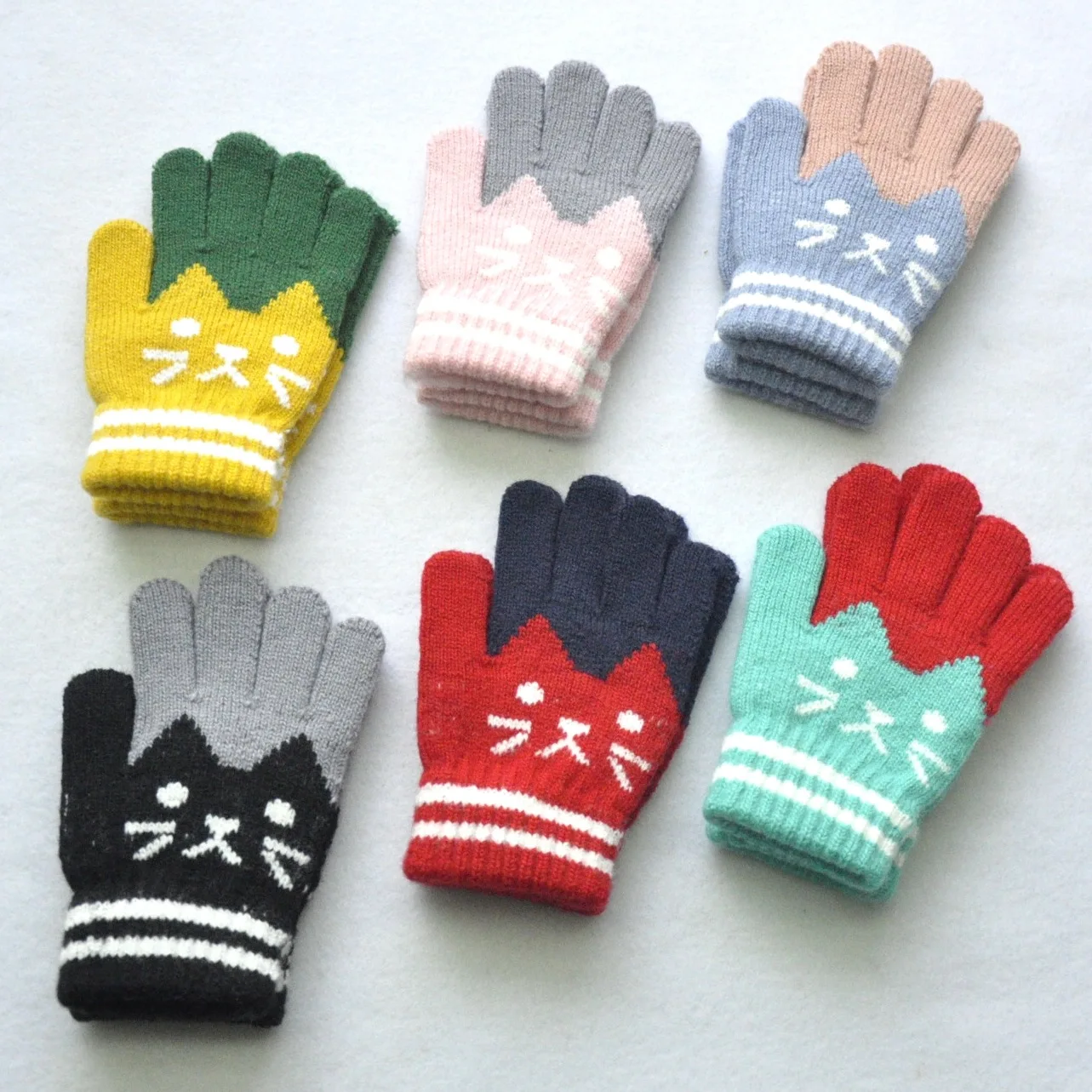KF194 Guantes de lana de terciopelo niños 6-11 - Manoplas con gatos