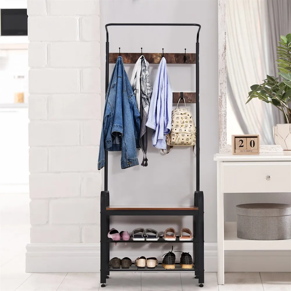 HOMCOM Perchero de Pie Perchero Metálico Zapatero 3 Estantes 8 Ganchos Colgador para Zapatos Ropas para Pasillo Entrada