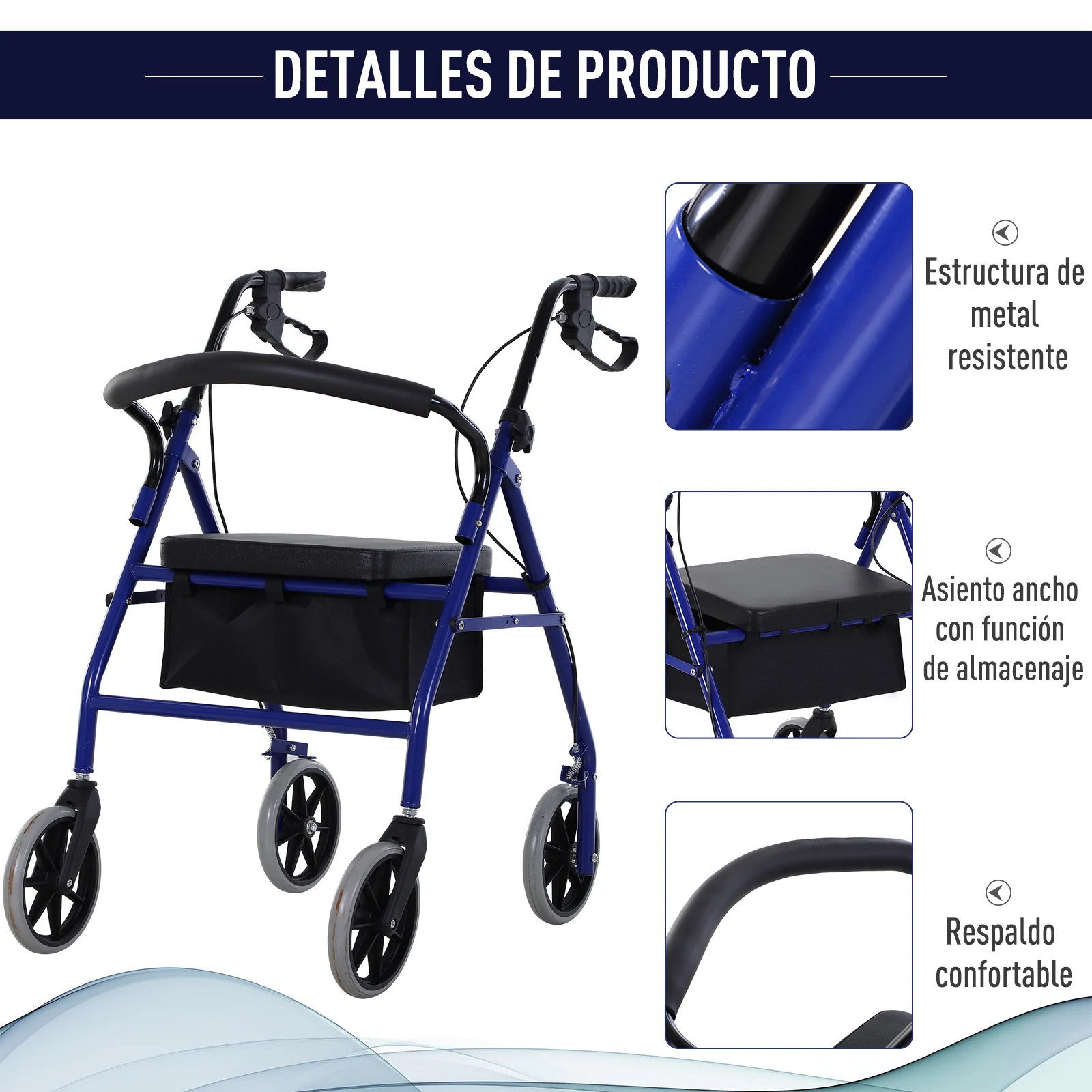 Andador para Adultos Plegable 2 en 1 con Asiento Acolchado Frenos Bolsa Incorporada Metal 77x55.5x84-93 cm Azul y Negro - imagen 4