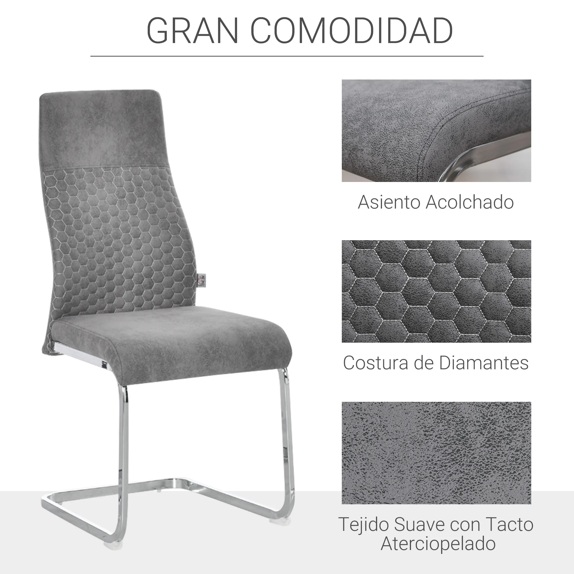 HOMCOM Set de 4 Sillas de Comedor Tapizadas en Terciopelo con Asiento Acolchado y Patas de Metal Sillas Cantilever Modernas 45x61x98 cm Gris - imagen 4