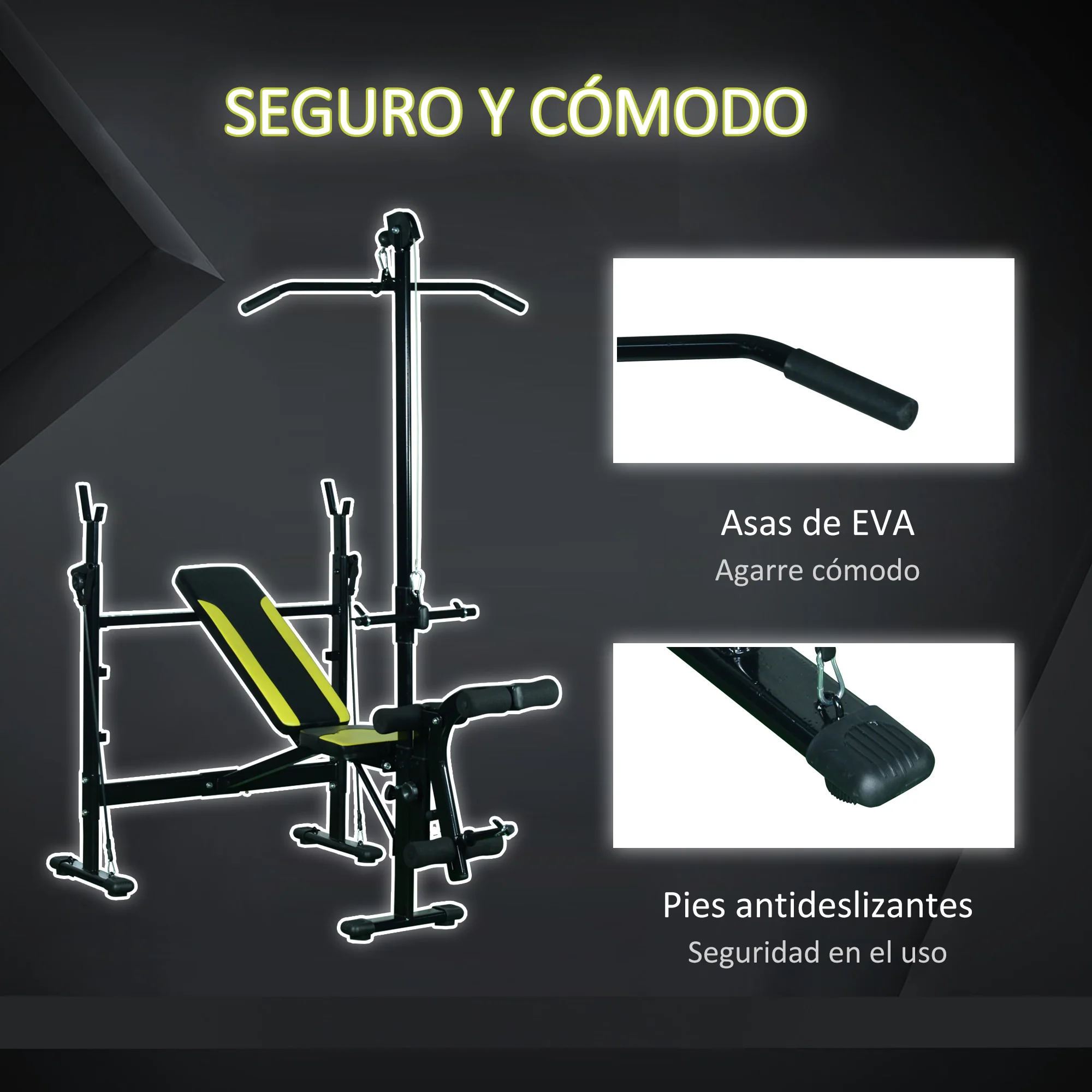 Un banco de peso negro y amarillo con una barra